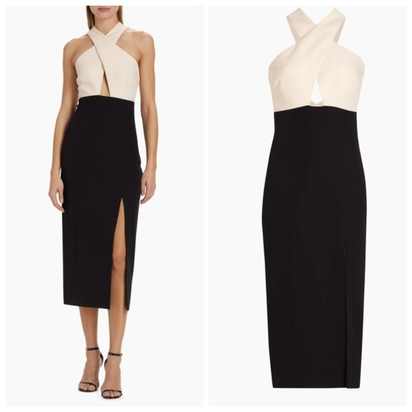 New Toccin Audrey Crossover Colorblock Ivory/Jet Sheath Cocktail Dress Size 12 - Picture 4 of 9